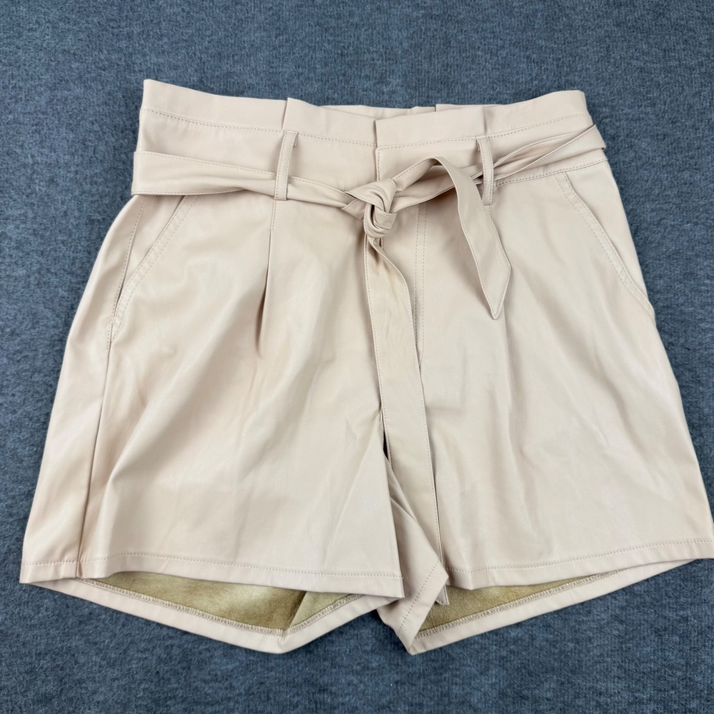 Sofia Jeans Faux Leather Shorts Womens 8 Beige Paperbag Waist‎ Tie Belt Pleated